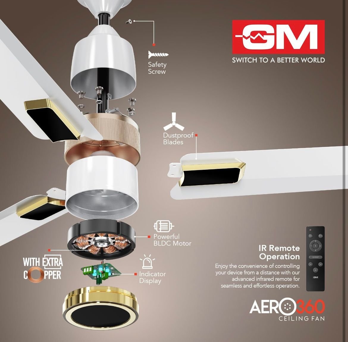 GM Aero 360 BLDC Ceiling Fan WhiteGold