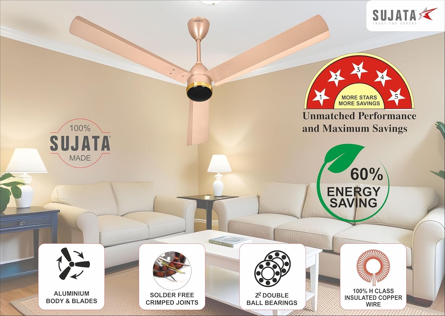 SUJATA SLIM AIR 1200MM CEILING FAN TOPAZ GOLD