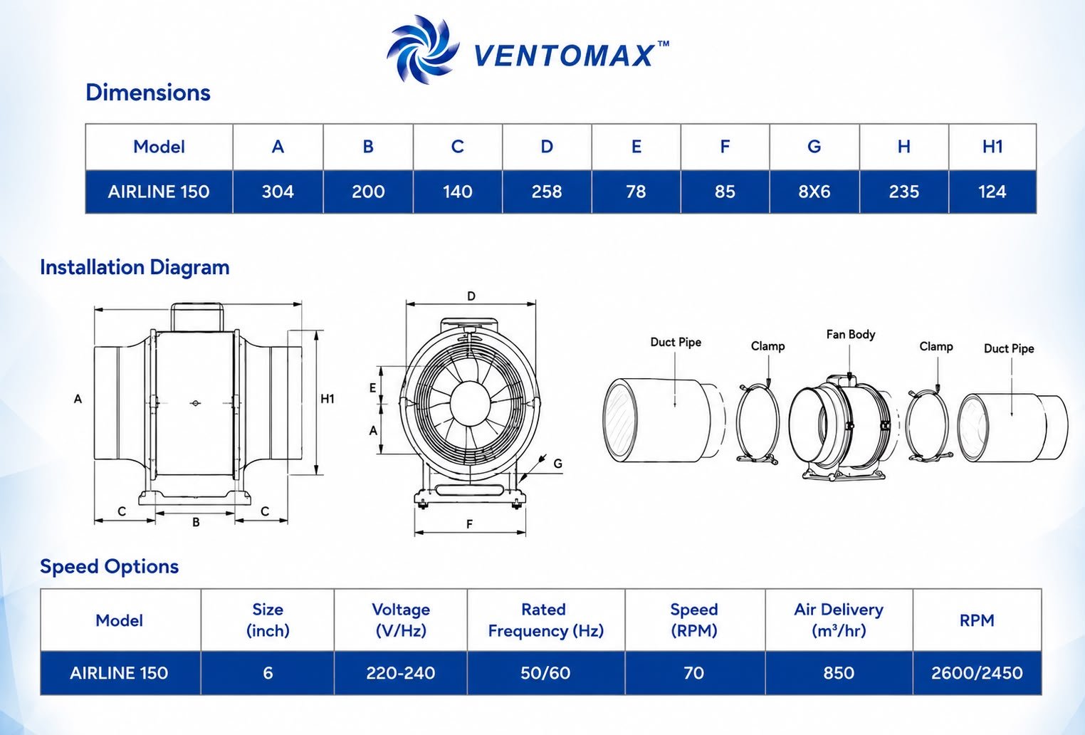 150MM - 6 INCH - INLINE DUCT FAN