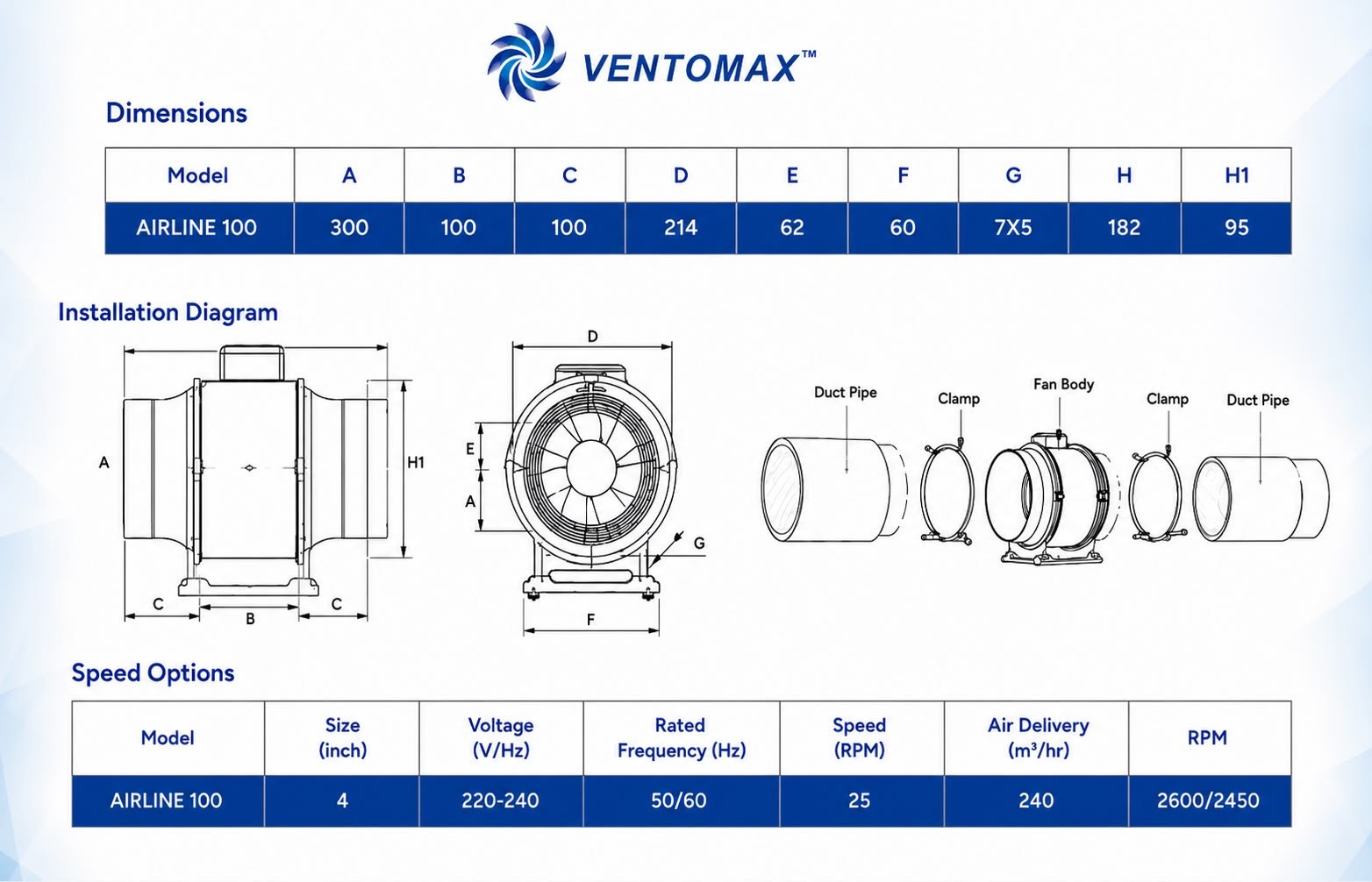 100MM - 4 INCH - INLINE DUCT FAN
